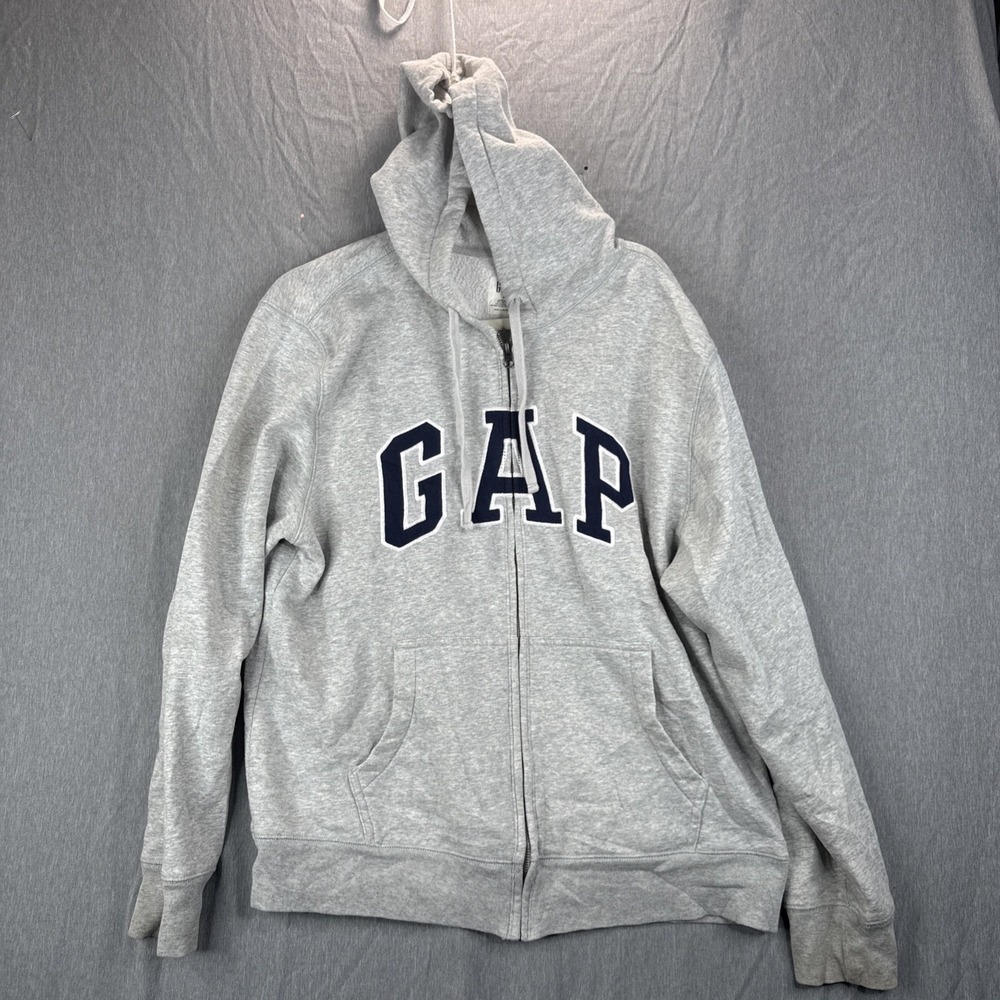 Gap Men's Hoodie Sweatshirt Large Fleece Zip Up Spellout Logo Gray Streetwear